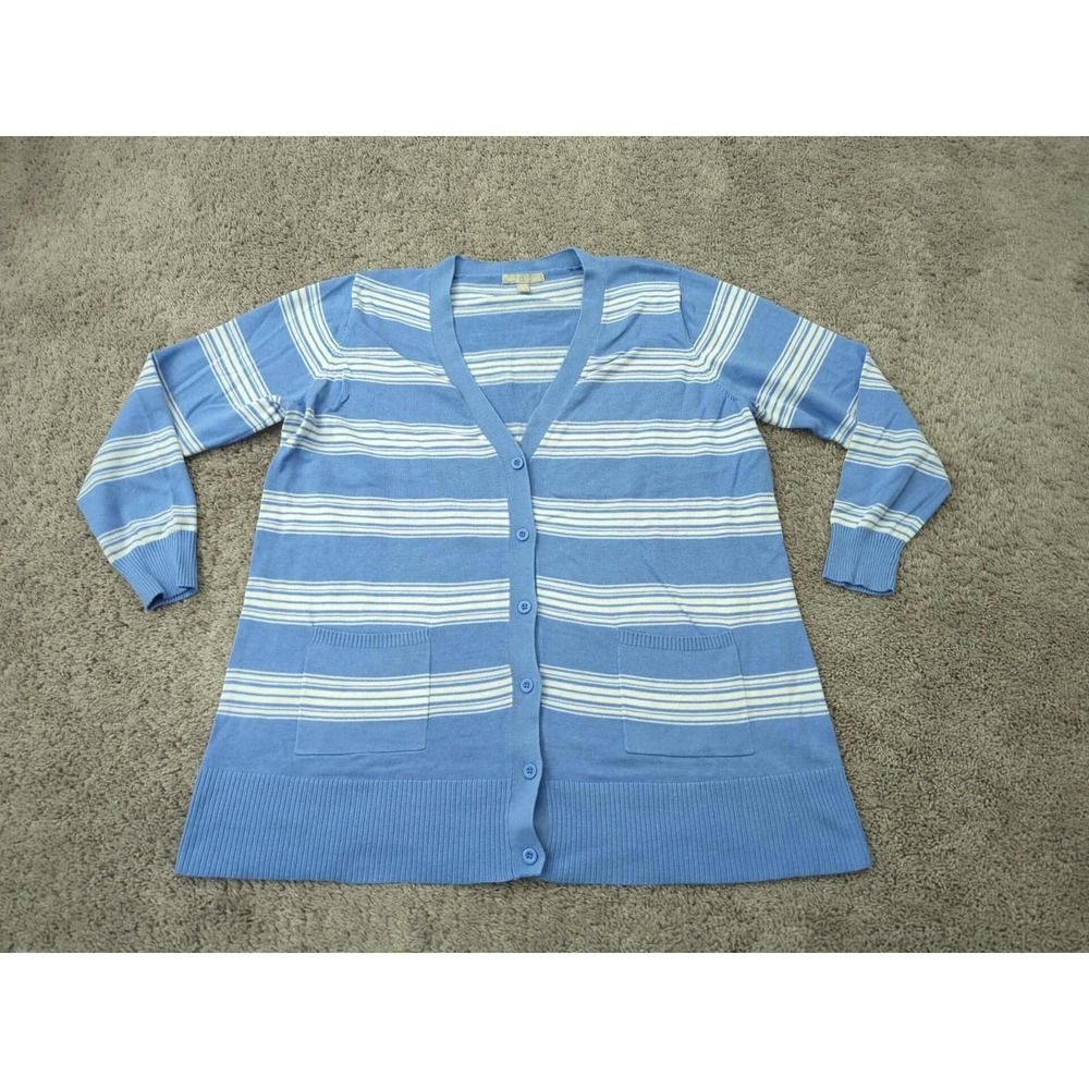 Woman Within Cardigan Womens 18/20 PLUS Blue Striped Long Sleeve Button Up Knit